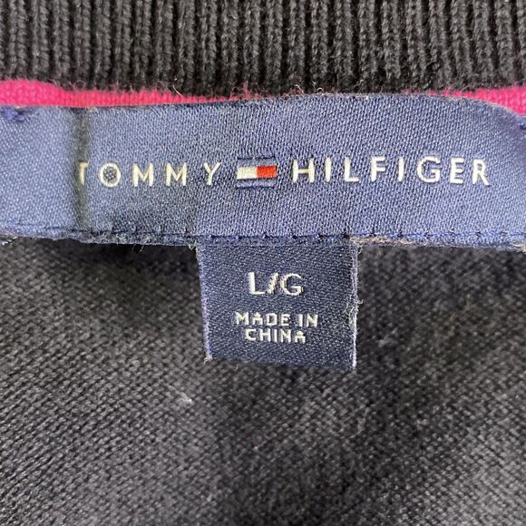 Tommy Hilfiger Women’s Black Pink Heart Crewneck Cotton Sweater Preppy Lg - Picture 5 of 6